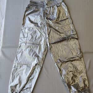 A NEW DAY SILVER METALLIC JOGGER PANTS SIZE M DRAWSTRING WAIST CUFFS SOFT NYLON